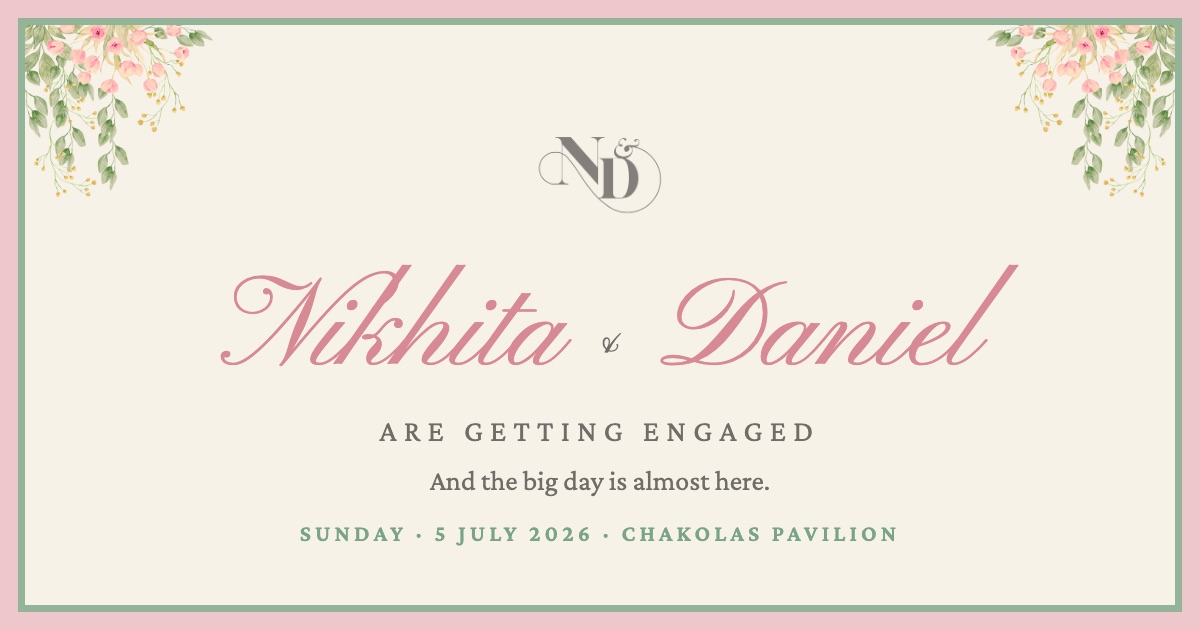 Elegant floral engagement website for Nikhita and Daniel with their story, event details and live RSVP